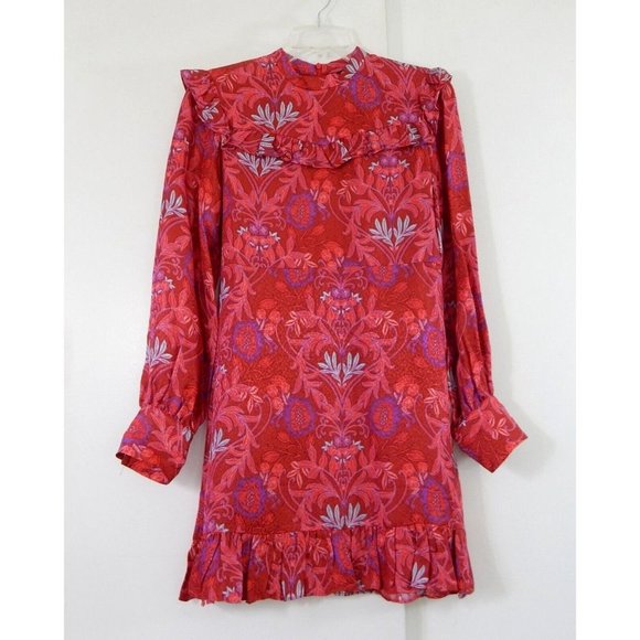 Zara Dresses & Skirts - ZARA mini dress long sleeve floral ruffle retro jacquard party holiday red S
